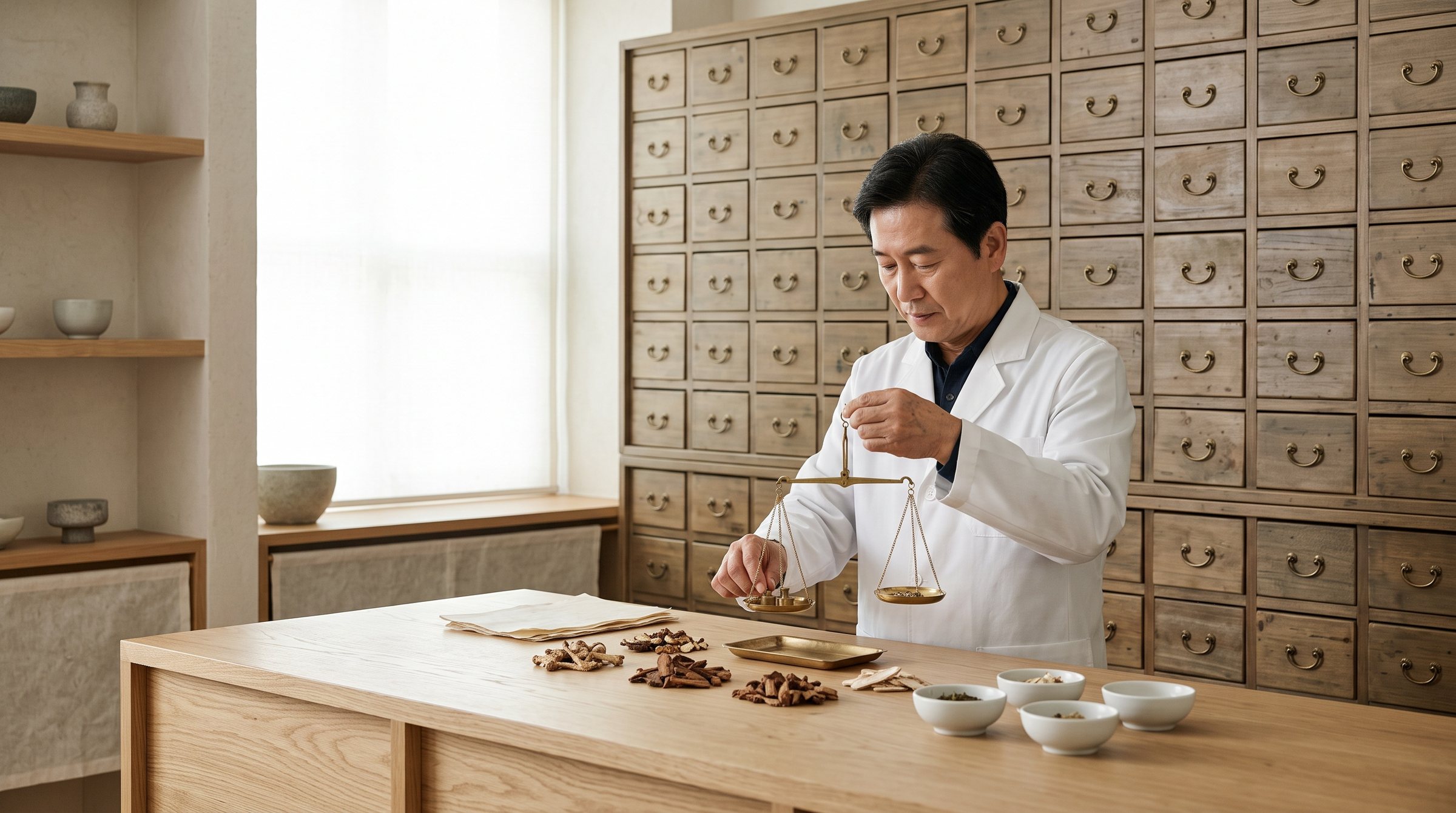 약장 앞에서 약재를 계량하는 모습